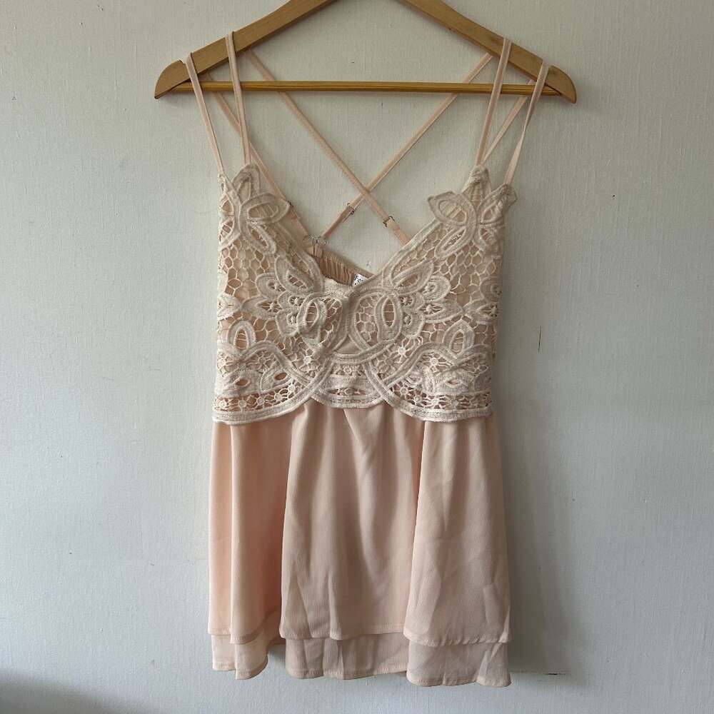 Feager Babydoll Tank‎ Top Womens Large Pink Coquette Lace NWT Romantic Fairy